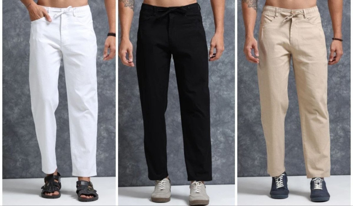 Loot Men Relaxed White Linen Blend Trousers 1 Click 2 Click 3 Click