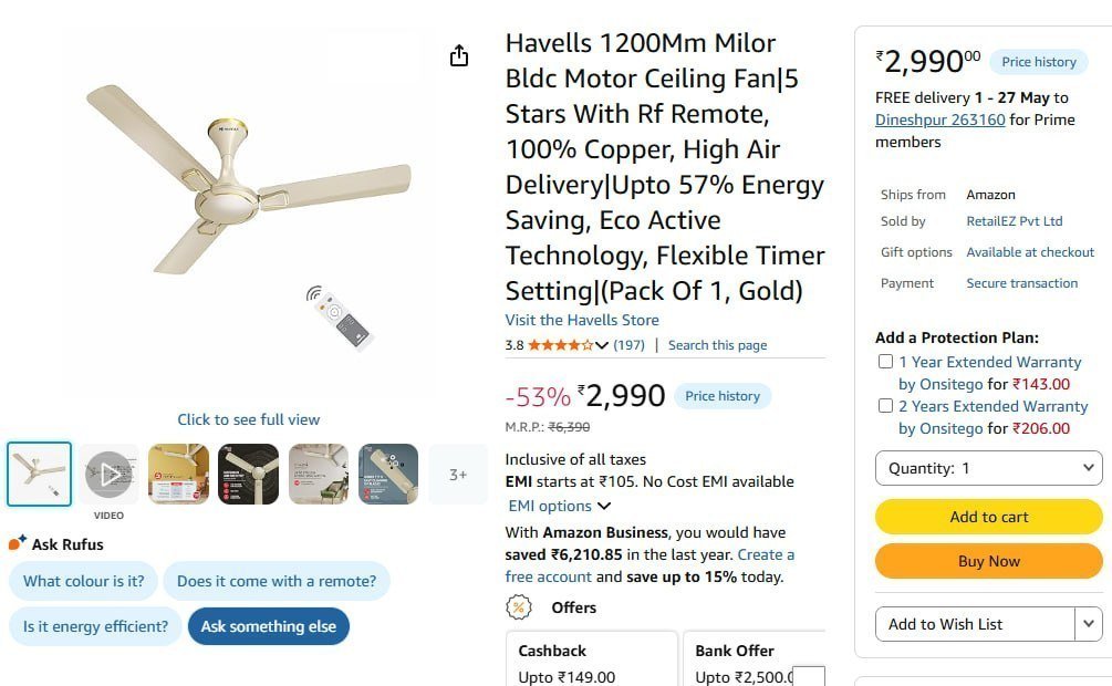 Havells 1200mm Bldc Ceiling Fan 2990