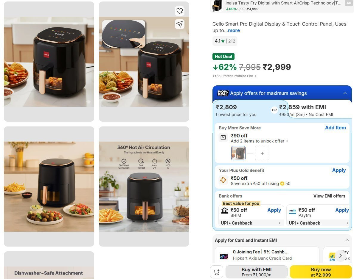 Cello 1400 W Air Fryer (4 5 L) 2 999