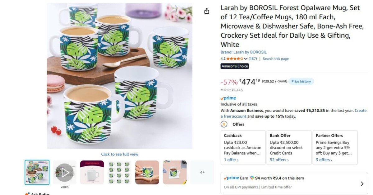 Larah By Borosil Opalware Mug Set Of 12 474