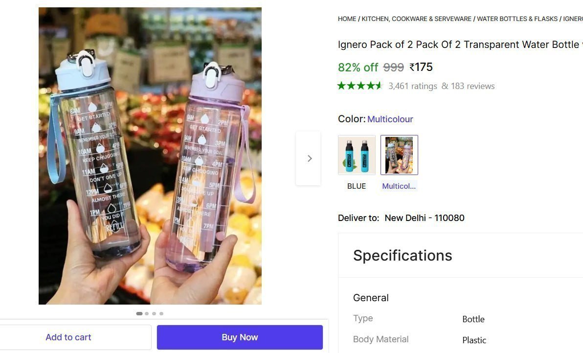 Pack Of 2 Transparent Water Bottle Rs 175