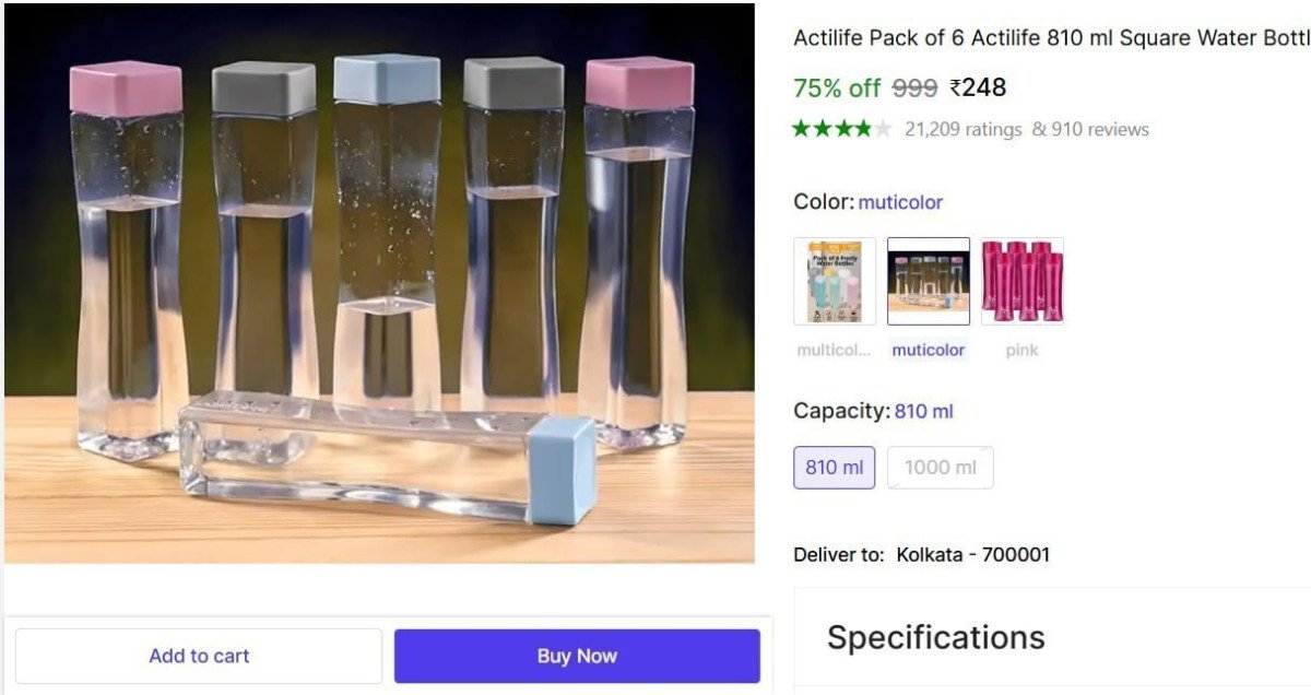 Pack Of 6 Actilife 810 Ml Square Water Bottle Set 248