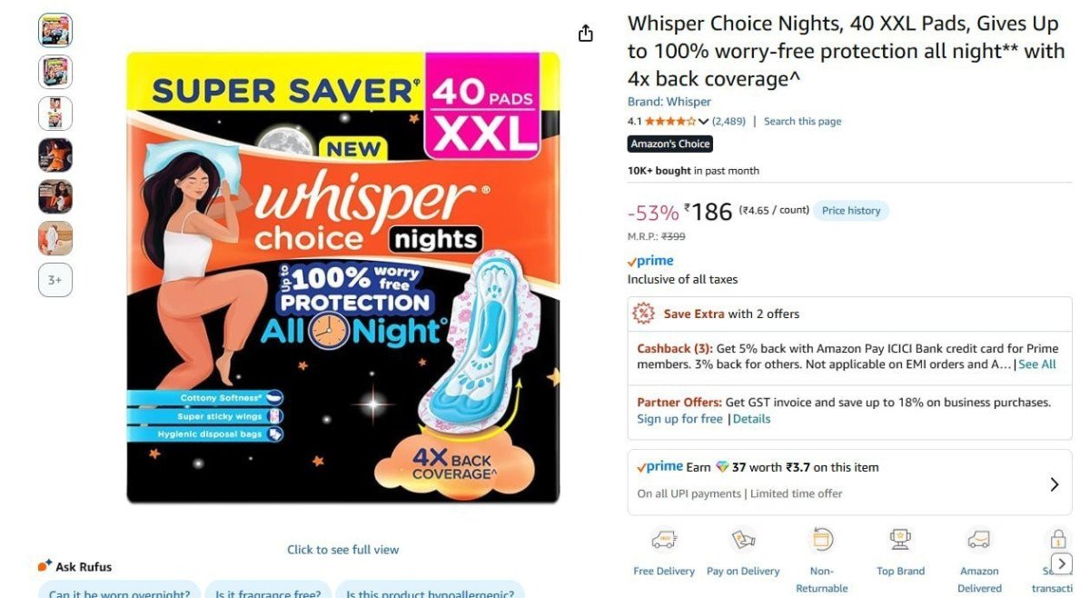 Whisper Choice Nights Sanitary Pad - Xxl (40 Pads) 186