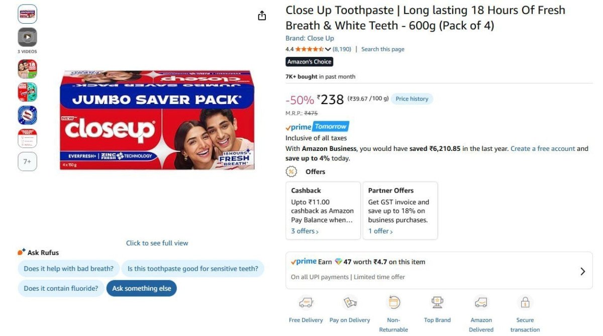 Close Up Toothpaste 600g (pack Of 4) 238