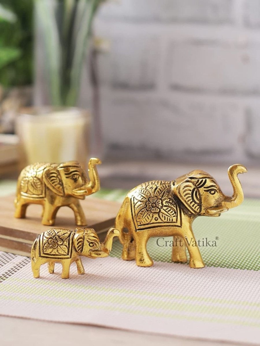Craftvatika Set Of 3 Metal Trunk Up Elephant Family Statue Showpiece Figurine 297