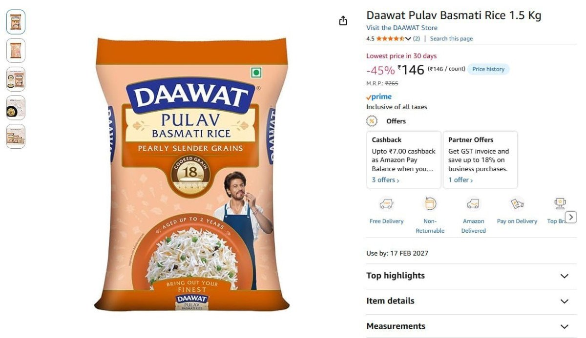 Daawat Pulav Basmati Rice 1 5 Kg 146