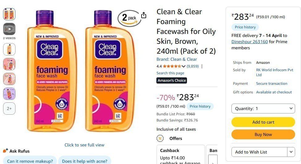 Clean Clear Foaming Facewash 240ml (pack Of 2) 283