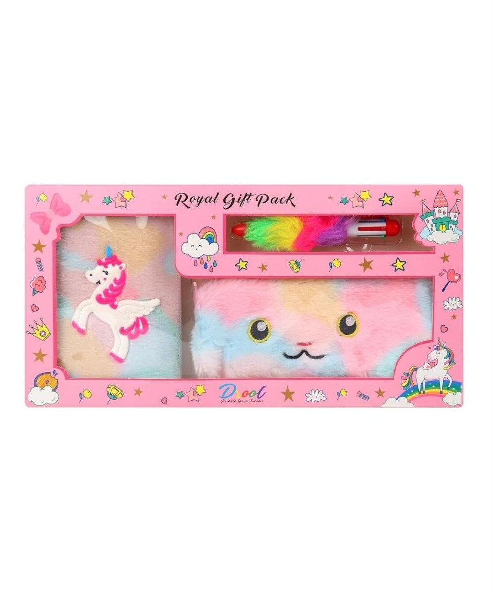 Grab 136reg 233jiada Unicorn Stationery Set For Girls - Includes 1 Fur Notebook 1 Fur Pencil Pouch And 10 Colour Pen Pink 3 Year