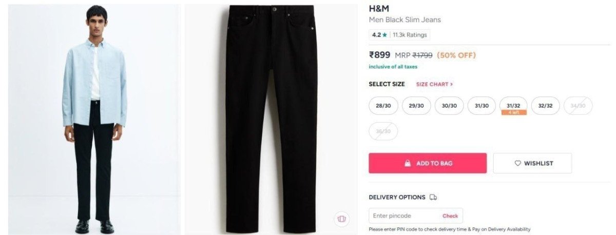 H M Men Black Slim Jeans 899