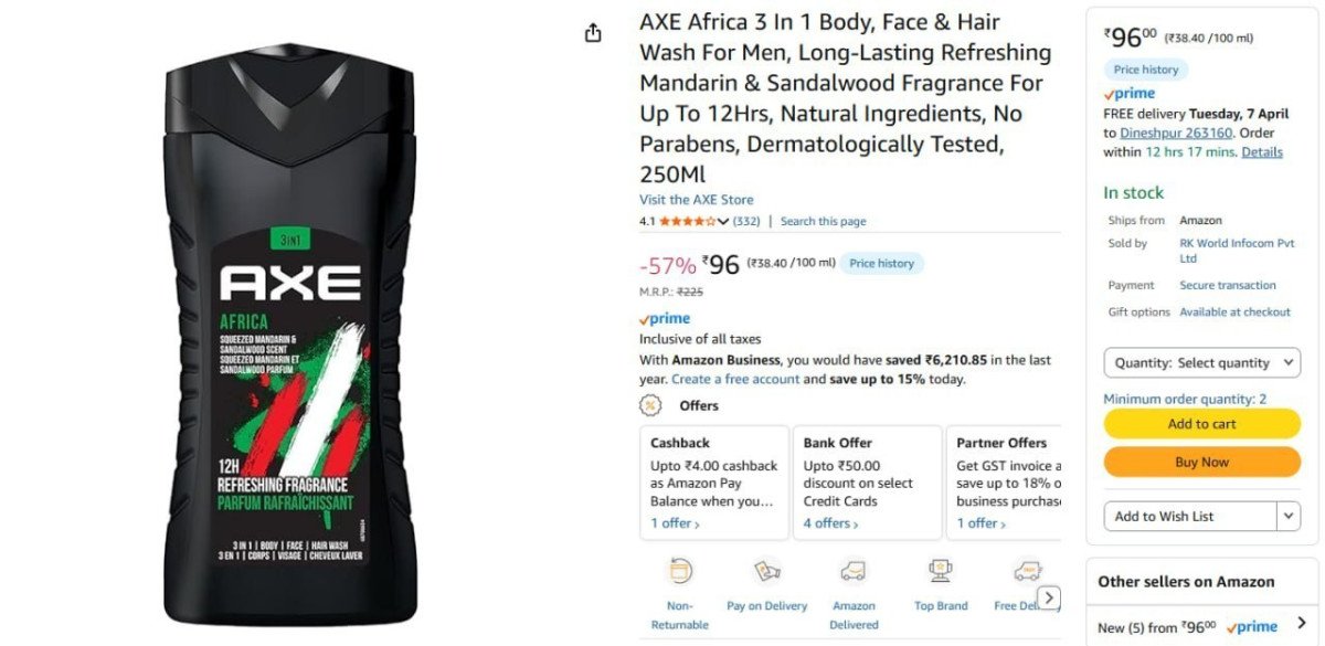 Axe 3 In 1 Body Face Hair Wash 250ml 96min Buy 2