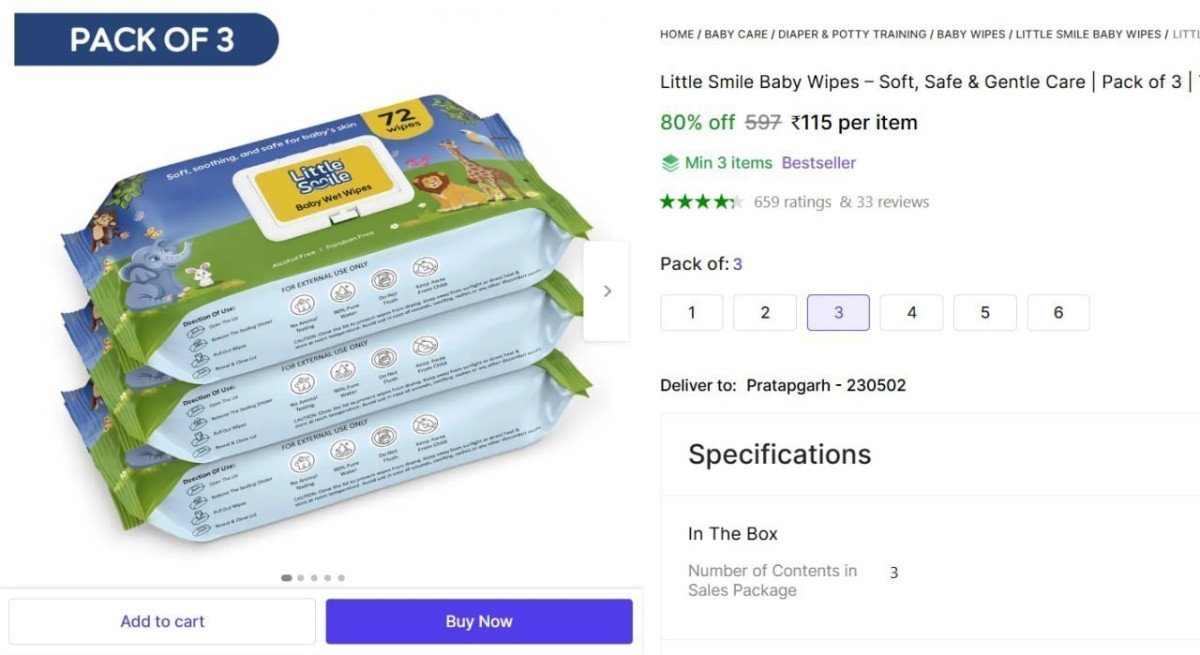 Baby Wipes (3 Pack X 72 Wipes) 115 Min 3 Buy