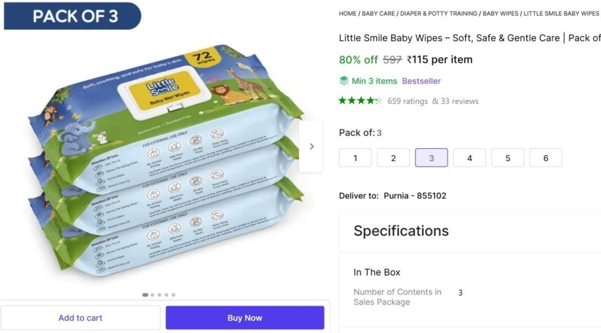 Baby Wipes (3 Pack X 72 Wipes) 115min 3 Buy