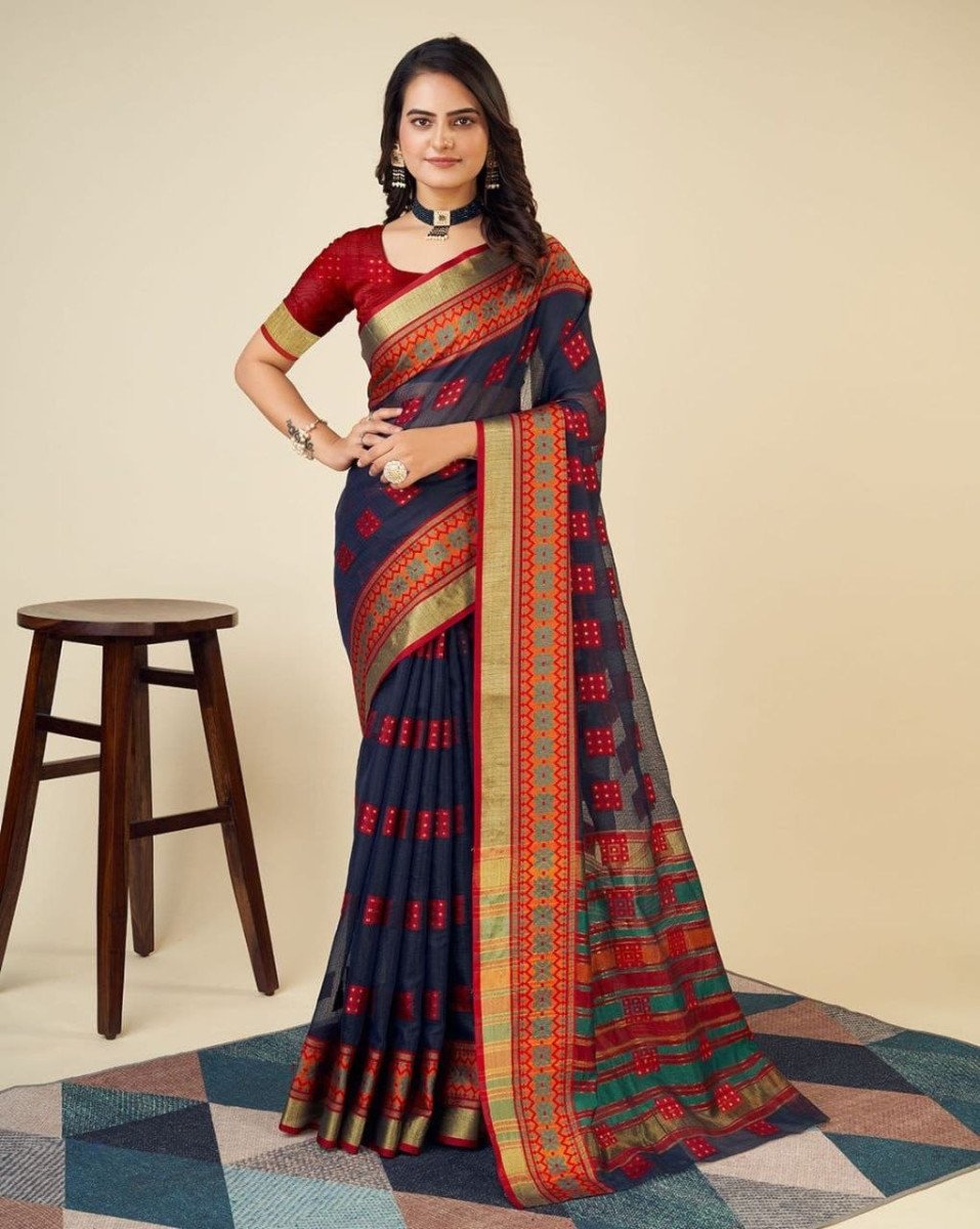 Fashionfricks Women Geometric Print Saree With Blouse For Women (navy Fs) Shop Now