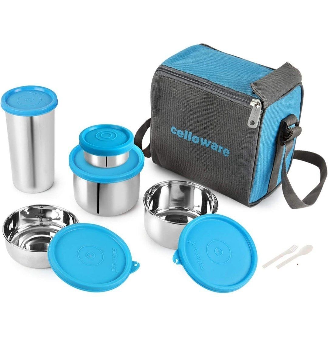 Cello Steelox Set Of 5 Pcs Lunch Box With Jacket For Office Blue 509