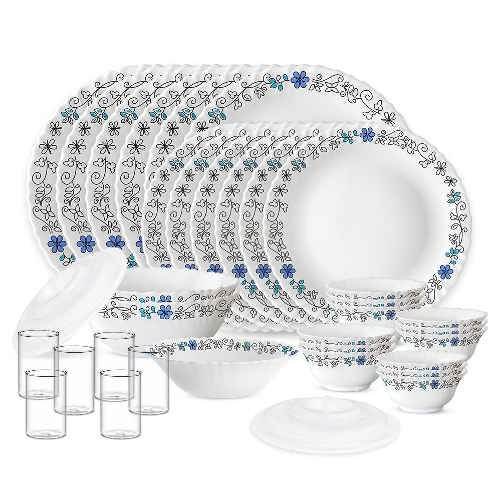 Grab 1 700larah By Borosil Silk Series Blue Iris Opalware Dinner Set With Vision Glass 35pcs For Family Of 6