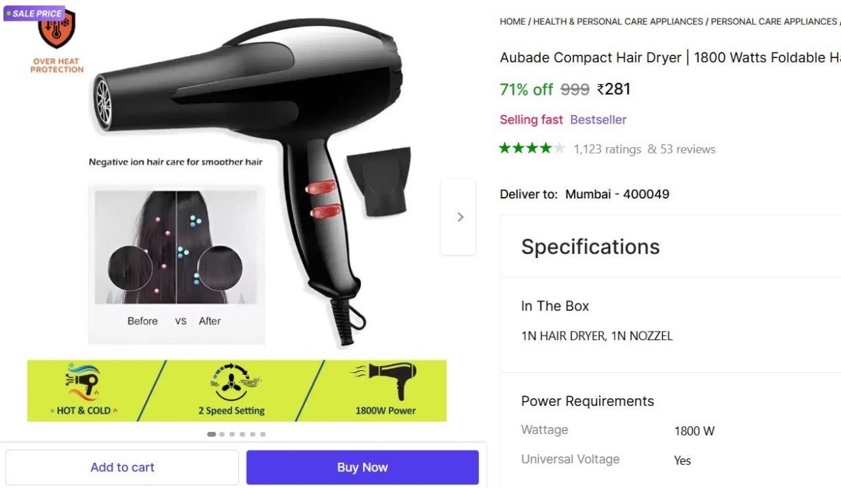 Watts Hair Dryer 281