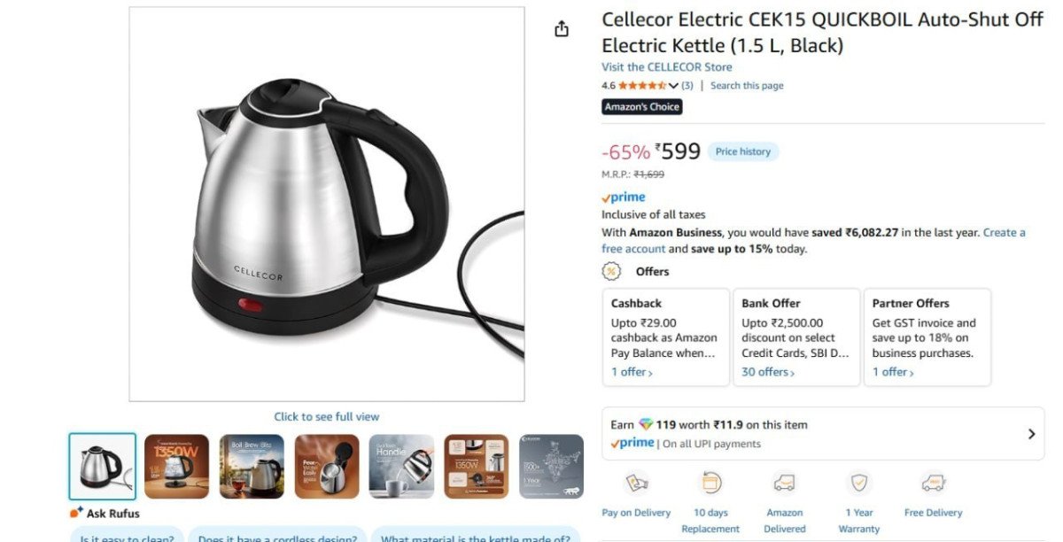 Cellecor Electric Kettle 1 5 Ltr 599