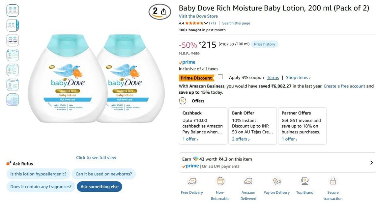 Baby Dove Lotion 200ml (pack Of 2) 215