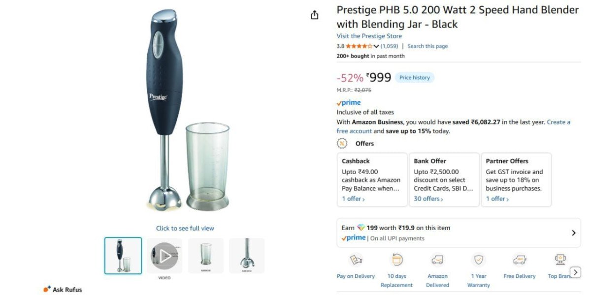 Prestige 200 Watt Hand Blender With Blending Jar 999