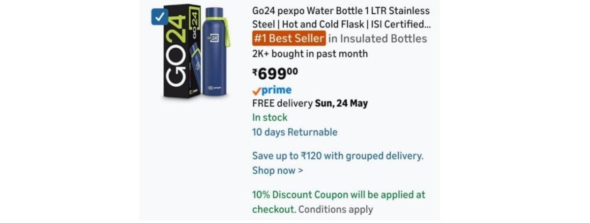 Grab Pexpo Insulated Hot Cold Stainless Steel Water Bottle (1 Ltr) At 629ap