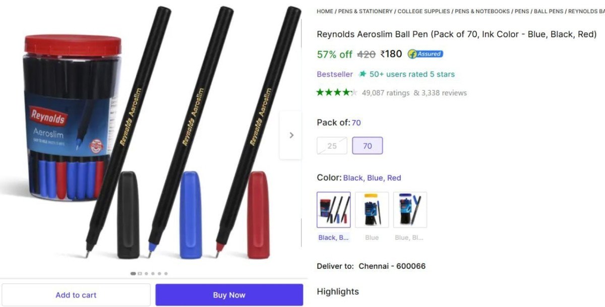 Reynolds Ball Pen (70pcs) 180colour Blue Black Red