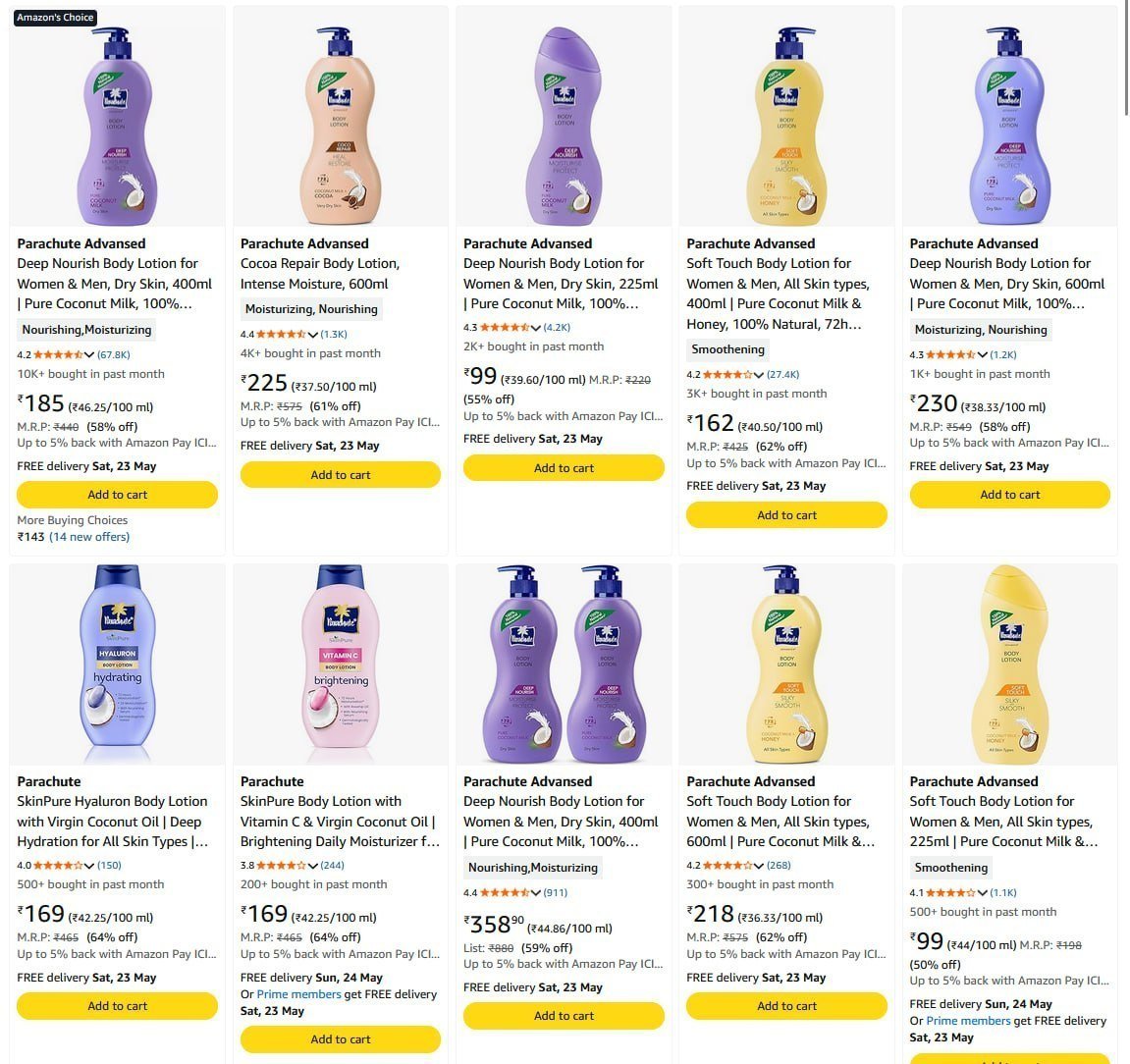 Parachute Body Lotion 64 Starting From Rs 94 Amazon
