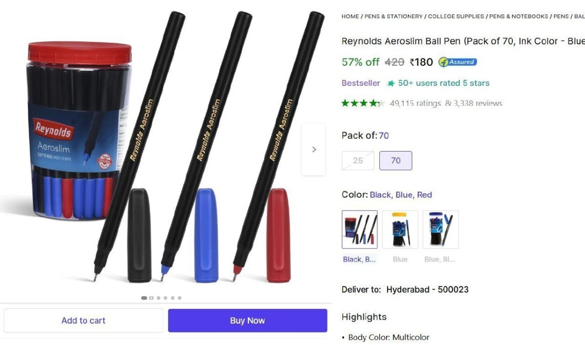 Reynolds Ball Pen (70pcs) 180 Colour Blue Black Red