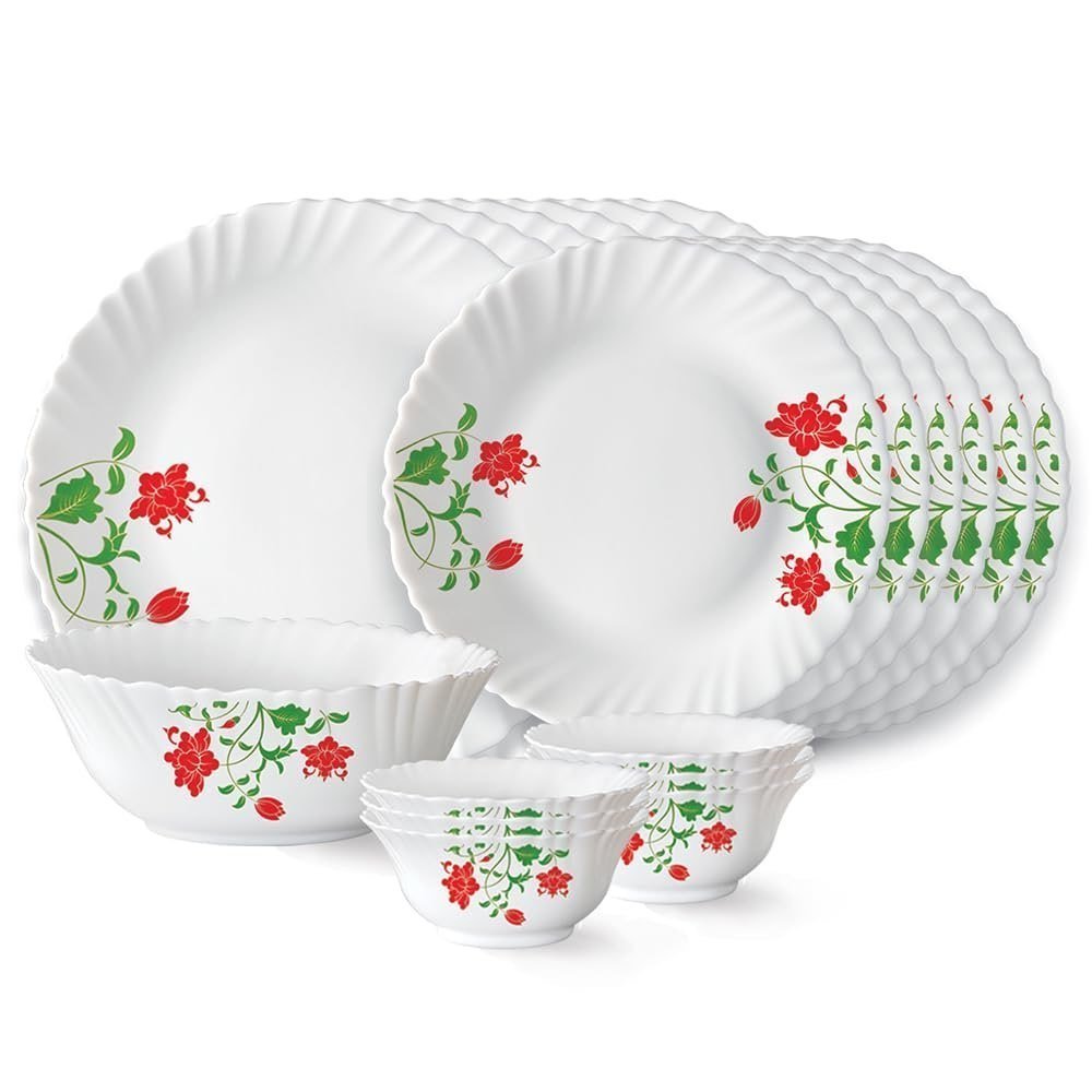 Larah By Borosil Hazel Fluted Series Opalware Dinner Set 19 Pieces For Fami