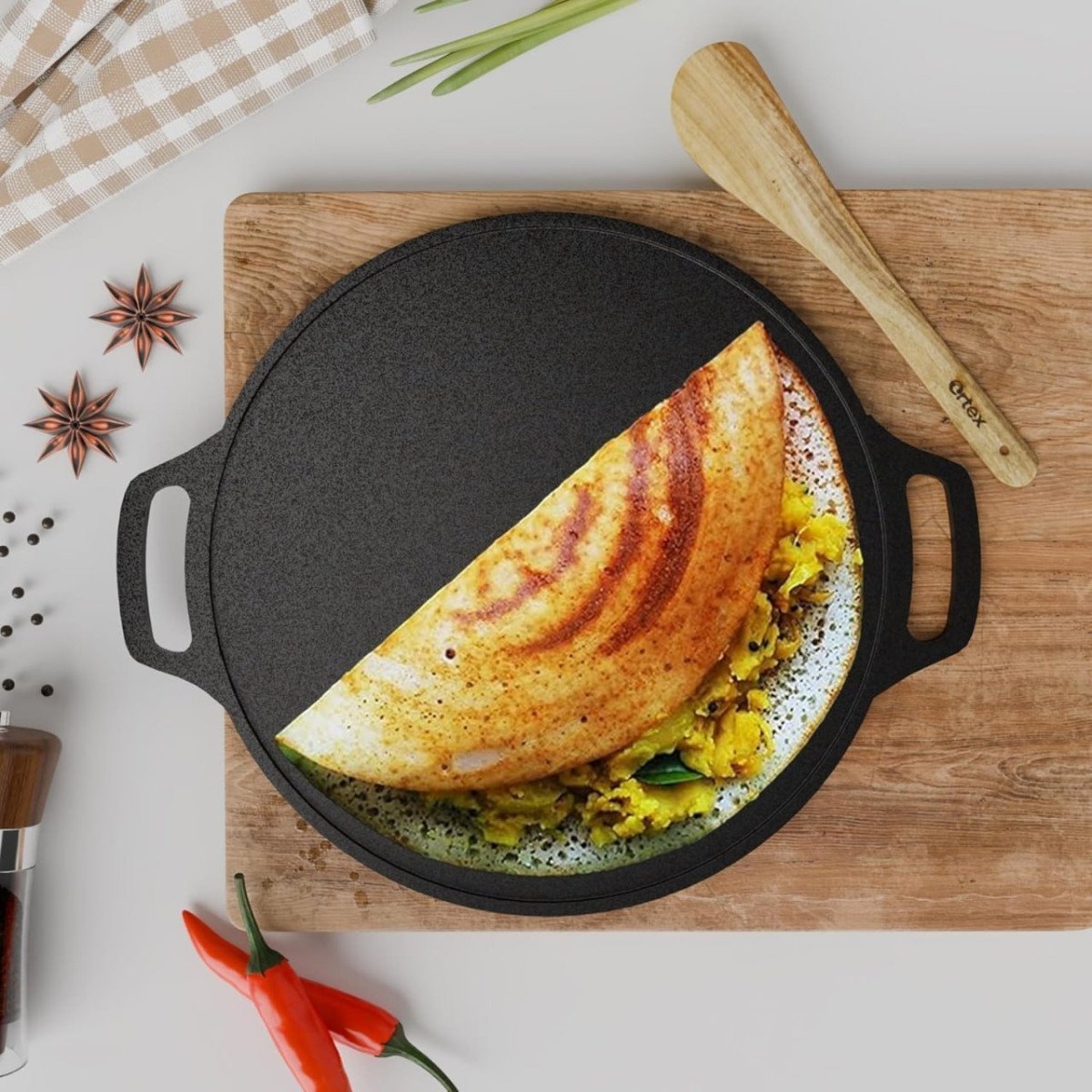 Ortex Cast Iron Dosa Tawa 12 Inch Pre Seasoned With Double Handle Iron Tawa