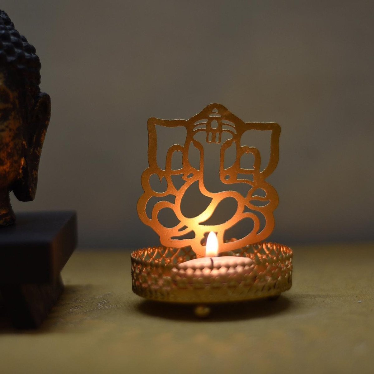 Ecraftindia Golden Metal Lord Ganesha Shadow Tea Light Candle Holder 76