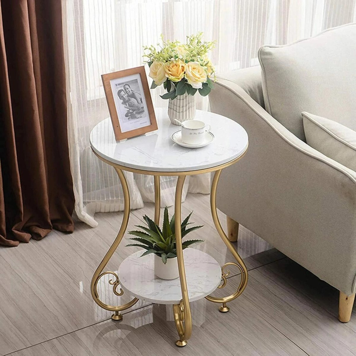 Rahat Handicraft Round Side Table Gold Metal Frame 2 Tier Coffee Table 840