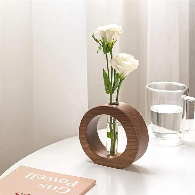 Wooden 1 Glass Test Tube Home Decor Planter Modern Flower Vase With Wood St