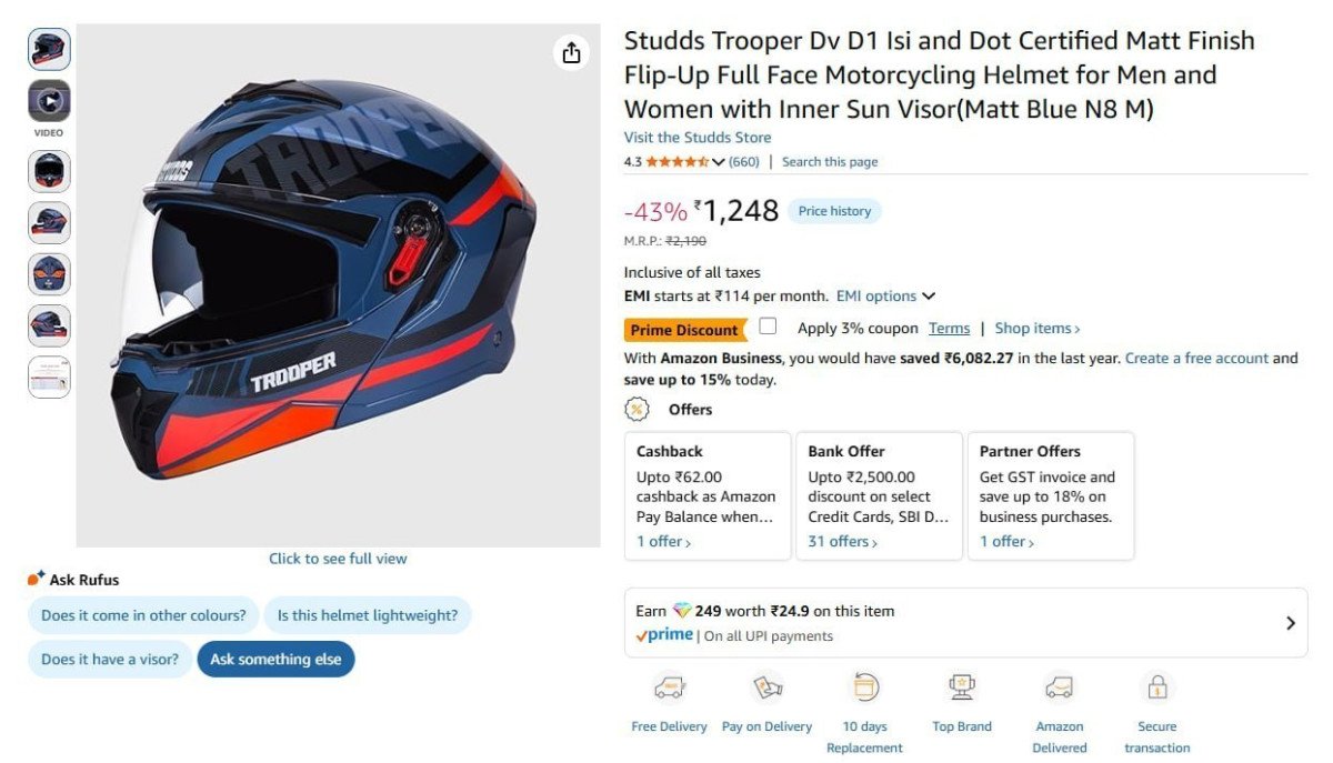 Studds Trooper Dv D1 Full Face Motorcycling Helmet 1248