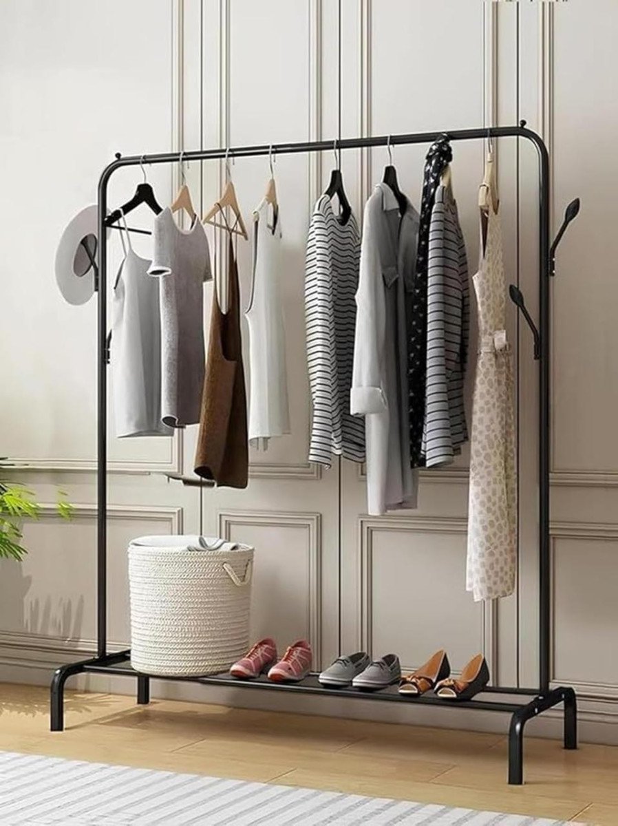 Lukzer Freestanding Metal Cloth Stand With Bottom Storage Shelf Coat Hanger