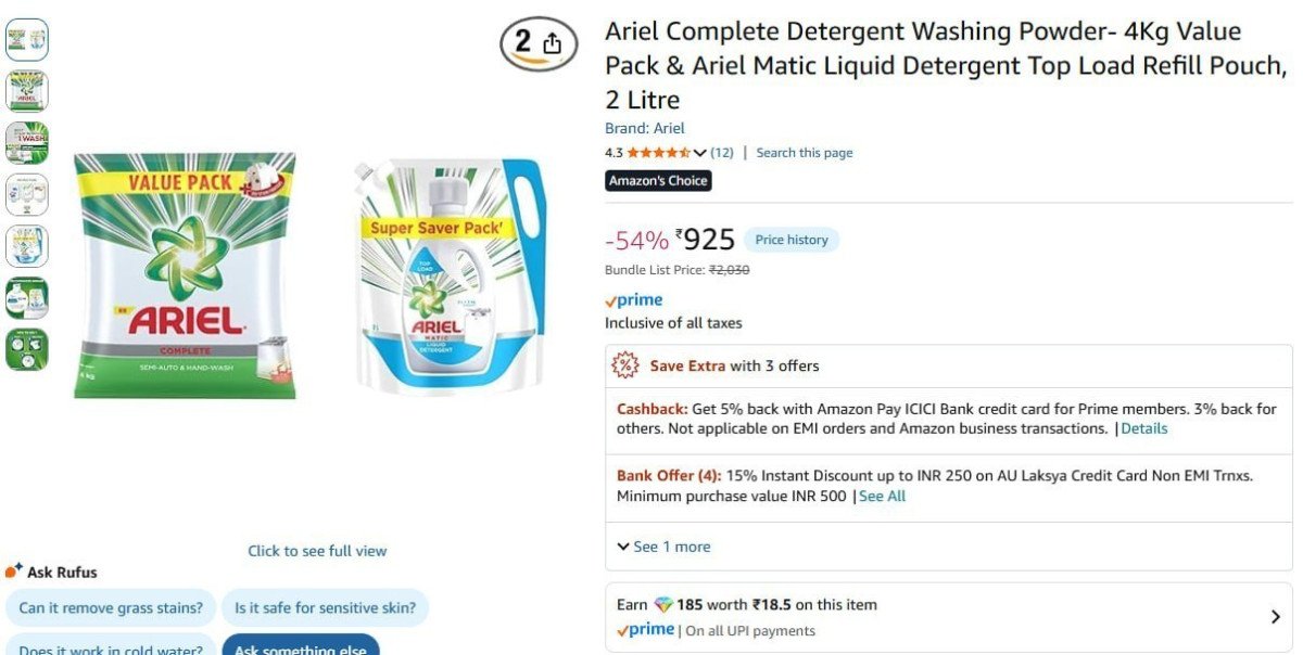Ariel Washing Powder- 4kg Ariel Matic Liquid 2 Litre 925