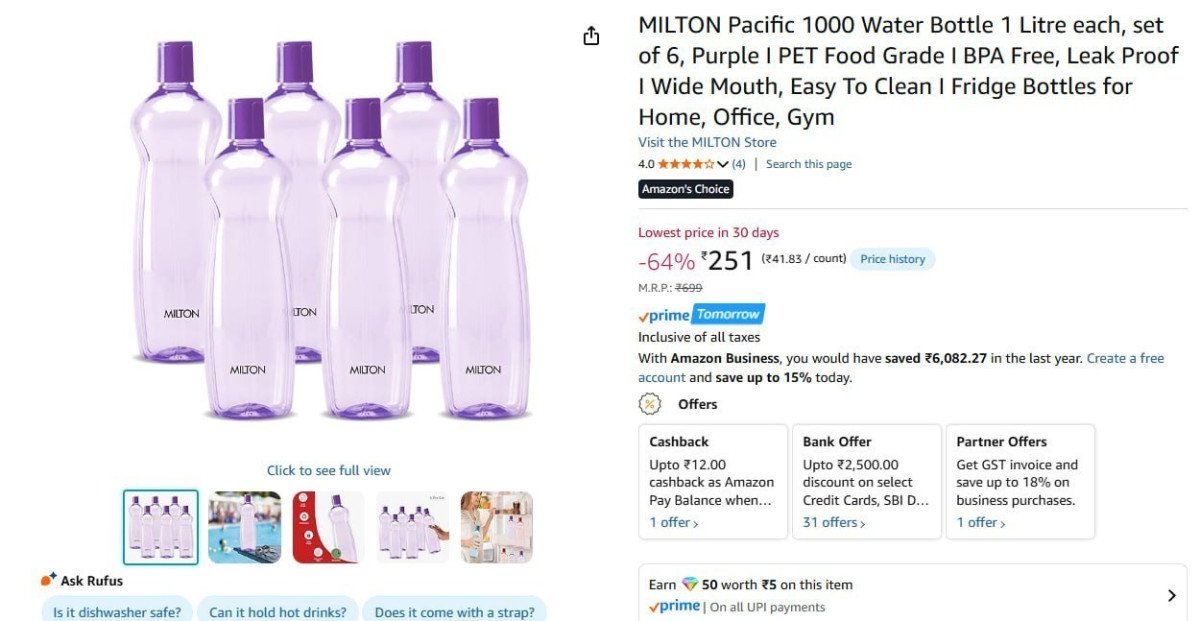 Milton Water Bottle 1l (set Of 6) 251