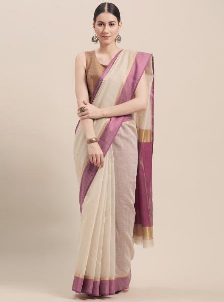 Rajnandini Beige Purple Cotton Blend Woven Design Saree 598