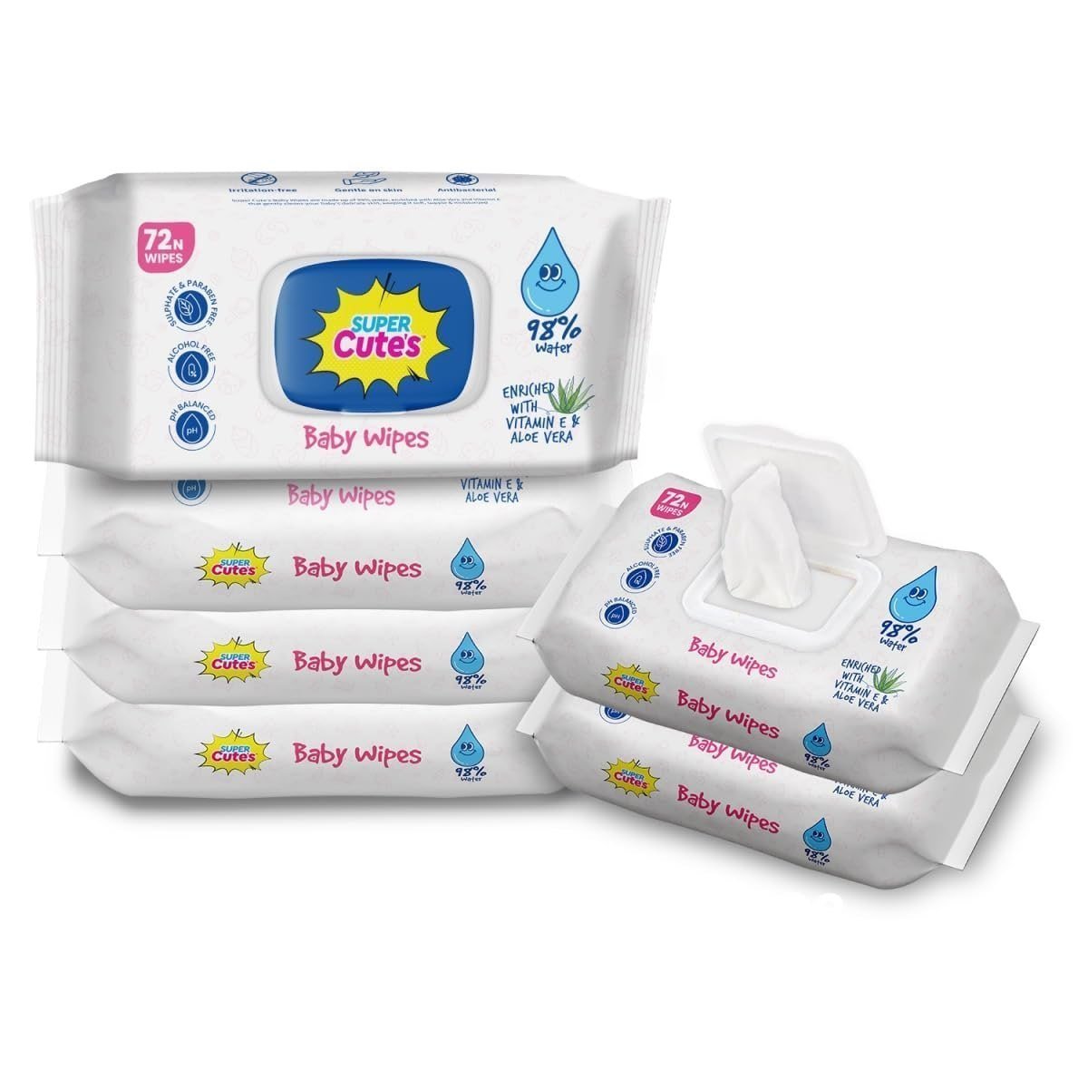 Super Cute S 98 Water Based Baby Wipes With Lid Enriched With Aloe Vera And