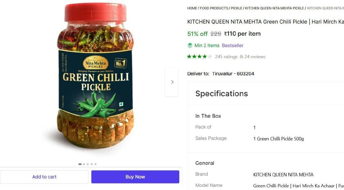 Green Chilli Pickle (500 G) 110 Min Buy - 2