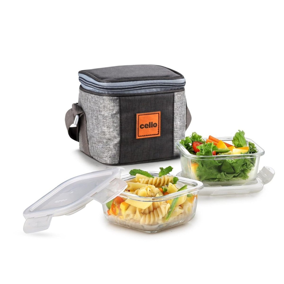Cello Glassy Square Lunch Box Set Of 2 Pcs (320ml X 2) With Jacket For Offi