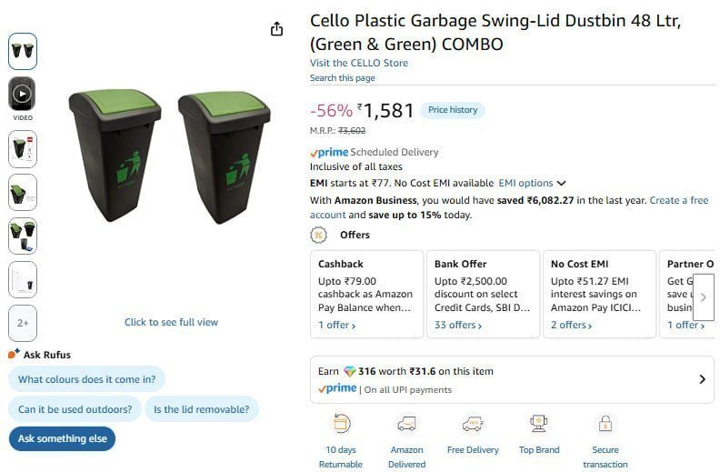 Cello Plastic Garbage Swing-lid Dustbin 48 Ltr 2pcs 1581 - independence day clothing discounts india