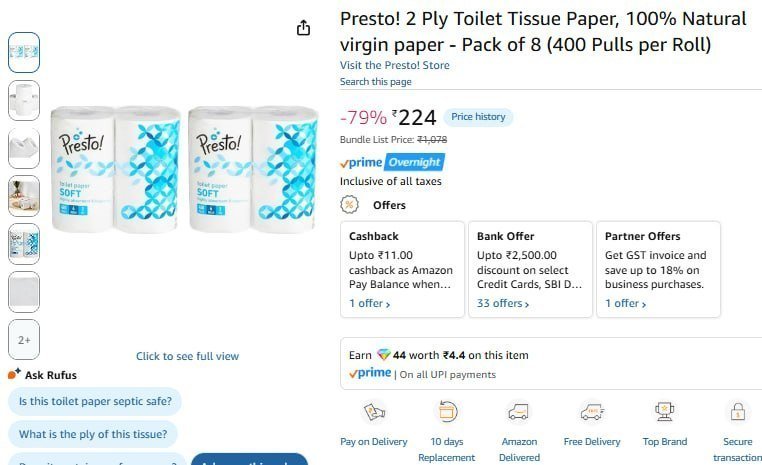 Toilet Tissue Paper - Pack Of 8 (400 Pulls Per Rol