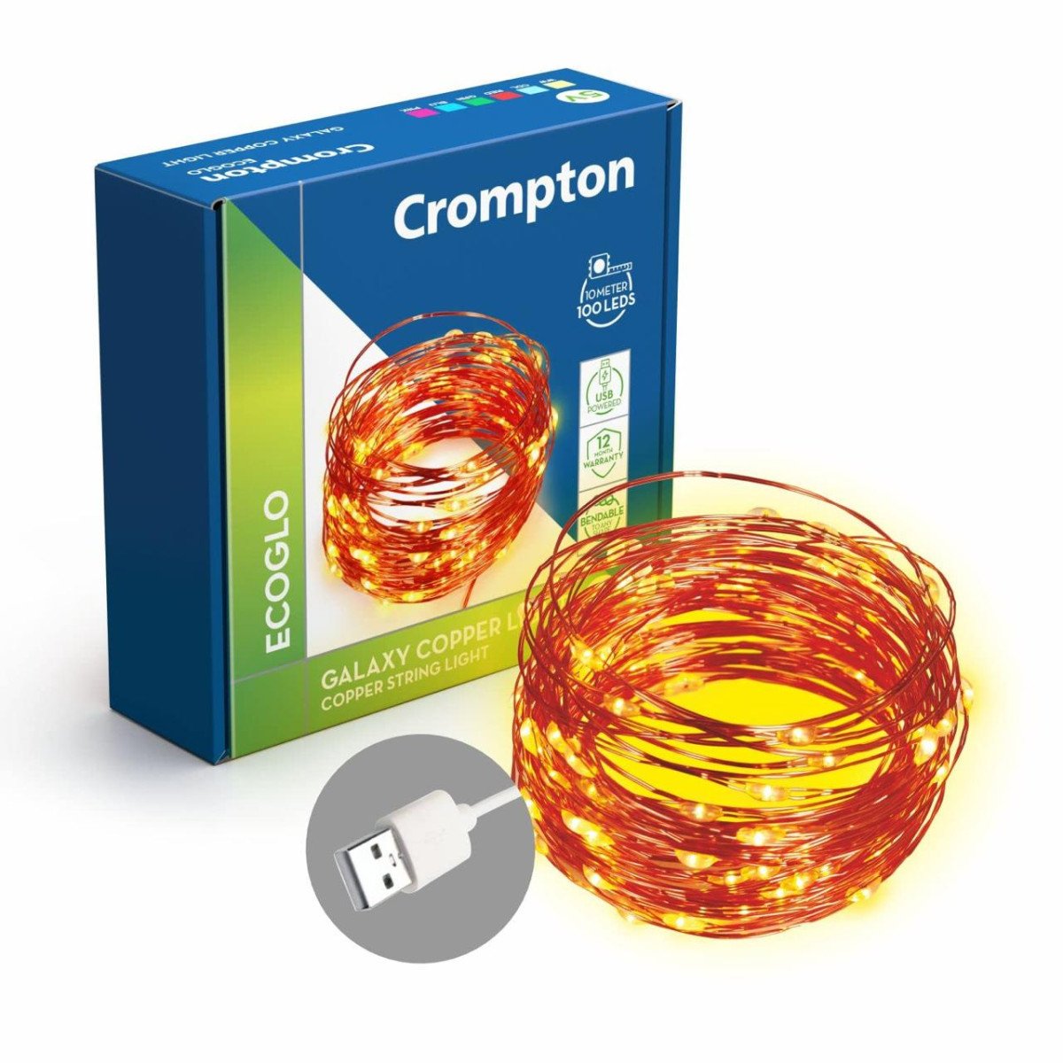 Crompton Galaxy Decoration Copper Usb String Fairy Lights With 100 Led Light (10 Meters 32 Feet Warm White Pack Of 1) 91