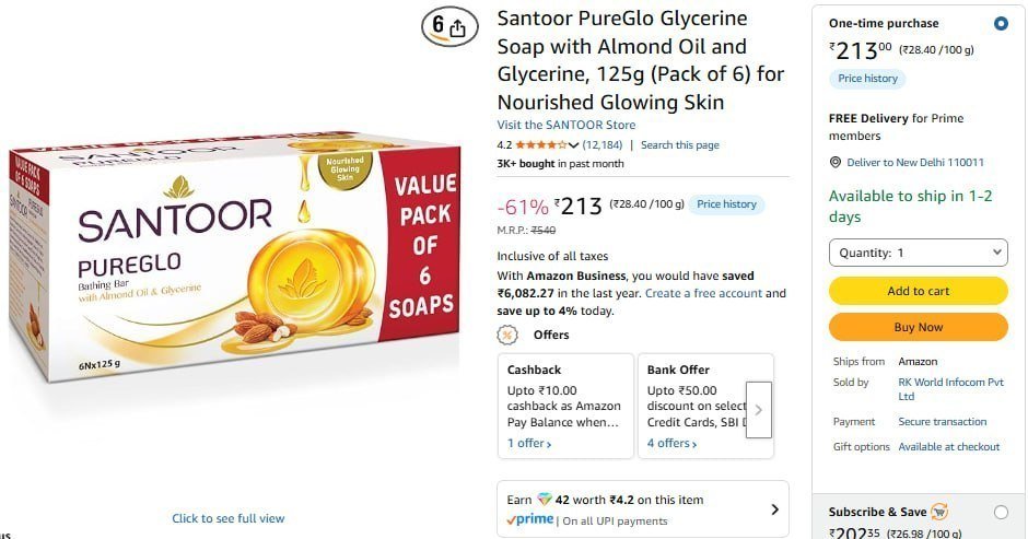 Santoor Pureglo Glycerine Soap 125g (pack Of 6) 213
