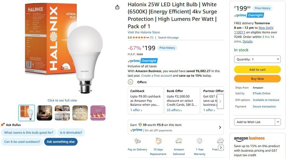 Halonix 25w Led Light Bulb 199 45w 369
