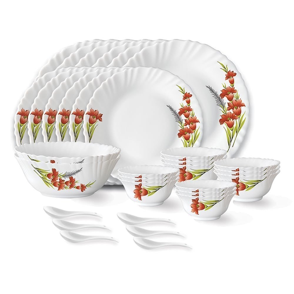 Larah By Borosil Red Iris Fluted Series Opalware Dinner Set 2 229