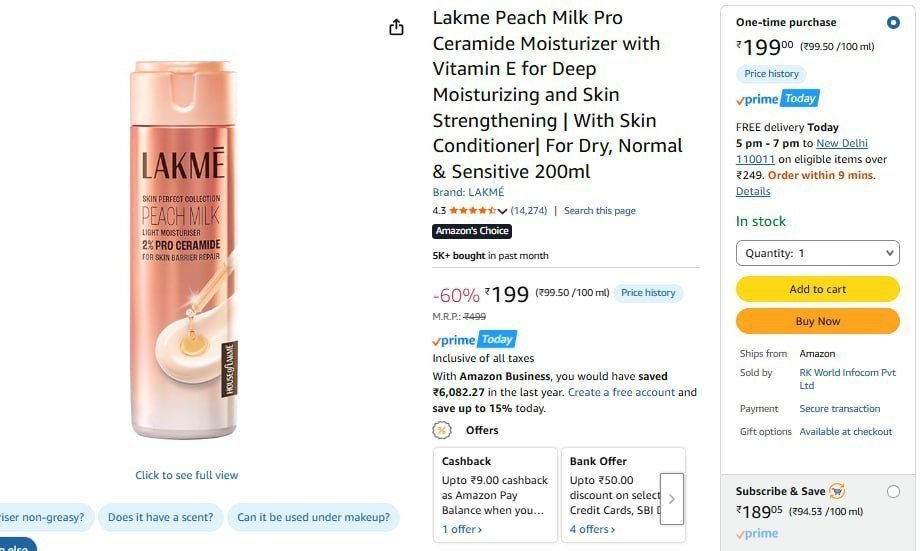 Lakme Peach Milk Pro Moisturizer 200ml 199