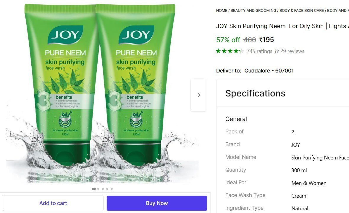 Joy Neem Face Wash (300 Ml) 195