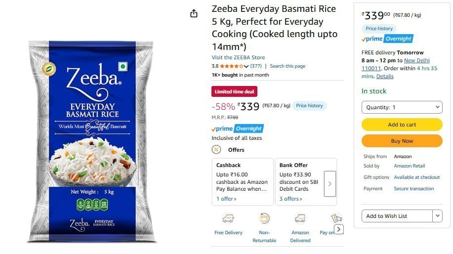 Zeeba Basmati Rice 5kg 339 Coupon For Prime