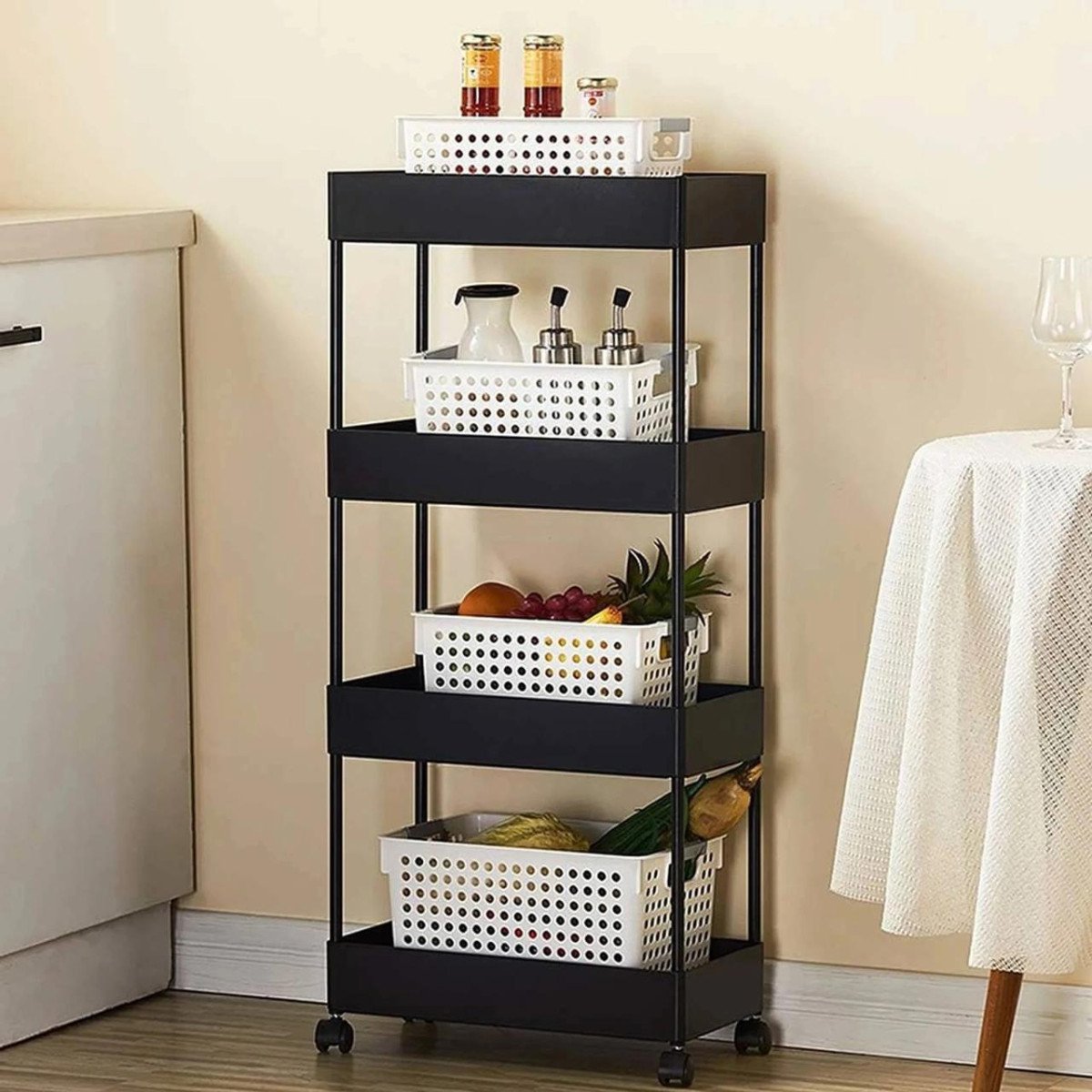 Pinkwhale 4 Compartments Plastic Storage Trolly (black) 335